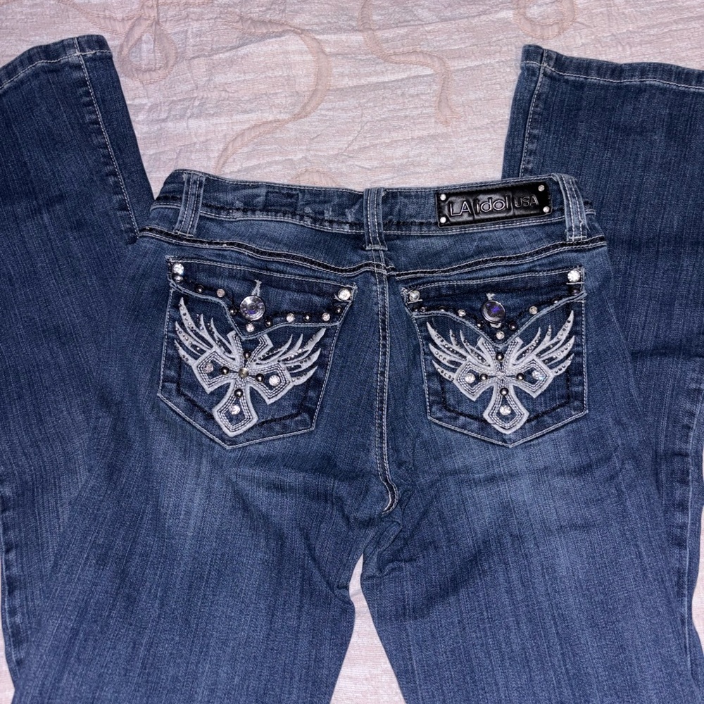L.A. Idol Women's Blue Boot Cut Jeans with Embellished Pockets